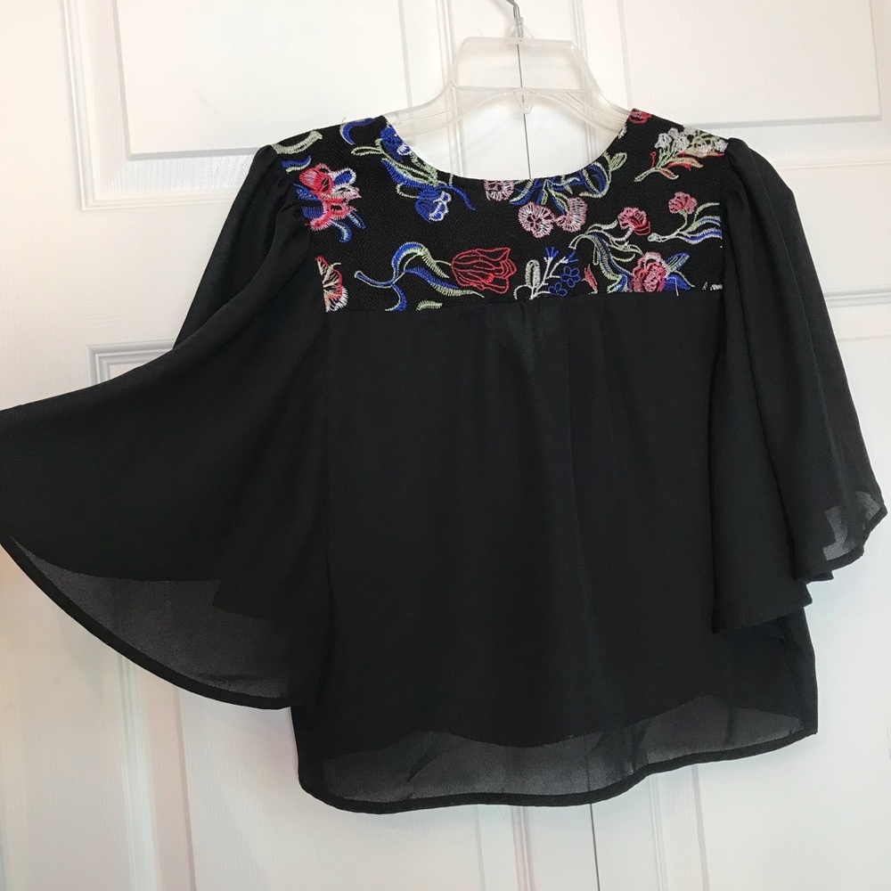 Embroidered Flutter Sleeve Semi Sheer Crop Top